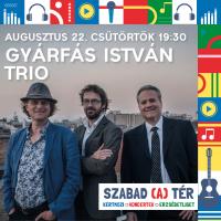 A kreatívon található szöveg: augusztus 22. (csütörtök) 19.30, Gyárfás István Trio, Szabad (a) tér, kertmozi - koncertek - Erzsébetliget