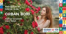 a kreatívon található szöveg: Orbán Bori - francia sanzonok, olasz dalok, augusztus 16., 19.30, Szabad (a) tér, kertmozi - koncertek - Erzsébetliget