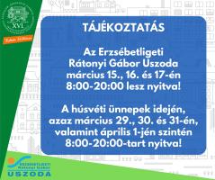 TÁJÉKOZTATÁS  Az Erzsébetligeti Rátonyi Gábor Uszoda március 15., 16. és 17-én 8:00-20:00 lesz nyitva!  A húsvéti ünnepek idején, azaz március 29., 30. és 31-én, valamint április 1-jén szintén 8:00-20:00-tart nyitva!