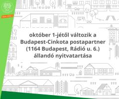 a kreatívon olvasható szöveg: október 1-jétől változik a Budapest - Cinkota postapartner állandó nyitvatartása