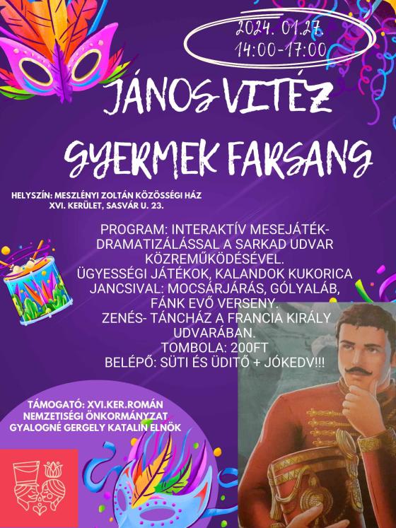 János vitéz gyermek farsang plakát. Időpont: 2024.01.27. 14:00-17:00