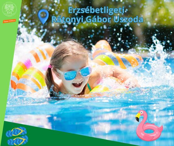 A kreatívon egy úszógumis kislány látható és az Erzsébetligeti Rátonyi Gábor Uszoda felirat olvasható