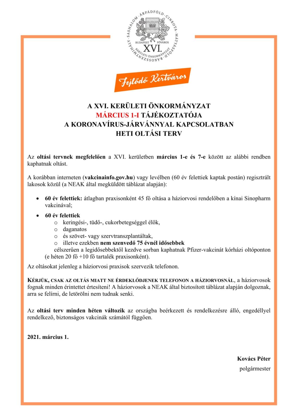 A XVI. kerületi Önkormányzat március 1-i tájékoztatója a ...