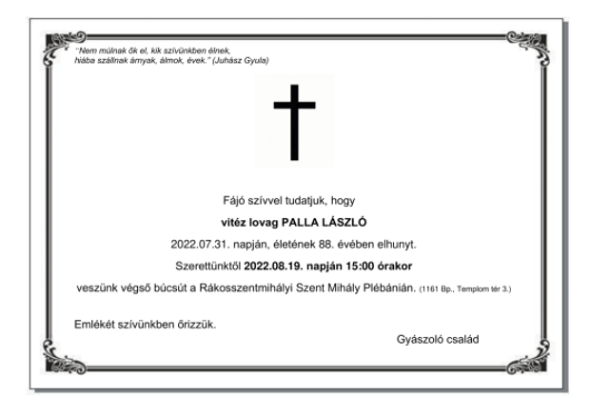 Palla László gyászjelentés