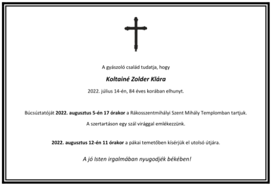 Koltayné Zolder Klára gyászjelentés