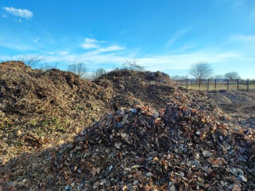 Halmokba gyűjtött falevelek és nyesedékek a Bökényföldi útról megközelíthető közösségi komposztálónál.