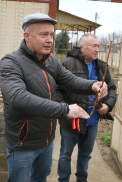 Ádám Attila István főkertész egy szőlővesszővel