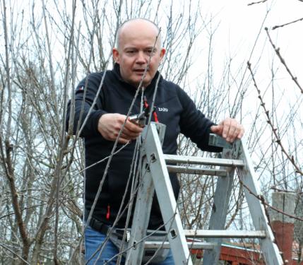 Ádám Attila István főkertész bemutatja a metszőolló helyes használatát a gyakorlatban.