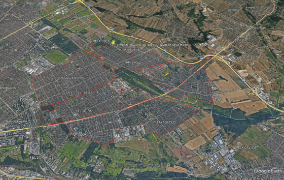 XVI. kerület ortofotója, jelölve a szúnyoggyérítés határaival.
