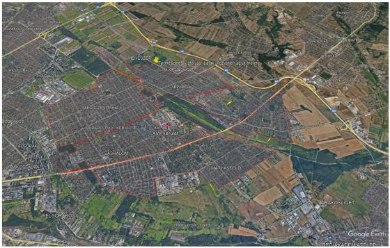 XVI. kerület ortofotója, jelölve a szúnyoggyérítés határaival.