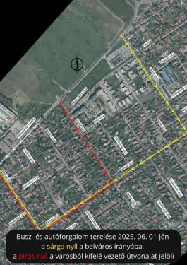 Busz- és autóforgalom terelése 2025. 06. 01-jén  a sárga nyíl a belváros irányába,  a piros nyíl a városból kifelé vezető útvonalat jelöli - térképrészlet