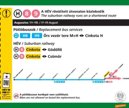 A kreatívon található szöveg: A HÉV rövidített útvonalon közlekedik. The suburban railway runs on a shortened route. Augusztus 11-19. Pótlóbuszok / replacement bus services, H8 / H9, Örs vezér tere M+H - Cinkota H, HÉV /Suburban railway, H8 Cinkota - Gödöllő, H9 Cinkota - Csömör, a pótlóbuszon kerékpár nem szállítható. Bikes are not allowed on board the replacement bus.