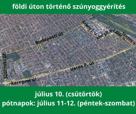 a kreatívon található felirat: földi úton történő szúnyoggyérítés, július 10. (csütörtök), pontnapok: július 11-12. (péntek-szombat)