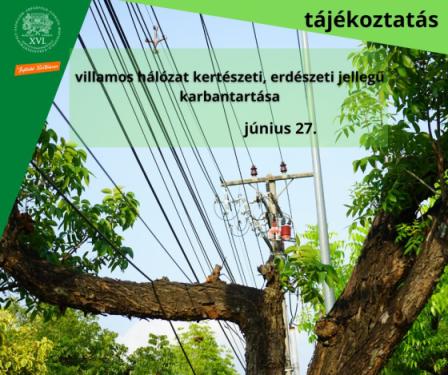 A kreatívon található szöveg: tájékoztatás, villamos hálózat kertészeti, erdészeti jellegű karbantartása, június 27.