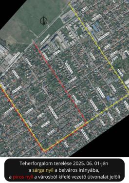 Teherforgalom terelése 2025. 06. 01-jén  a sárga nyíl a belváros irányába,  a piros nyíl a városból kifelé vezető útvonalat jelöli - térképrészlet