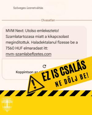 A kreatívon olvasható szöveg: szöveges üzenetváltás, MVM NEXT: Utolso emlekezteto! Szamlatartozasa miatt a kikapcsolast meginditottuk. Haladektalanul fizesse be a 7560 HUF elmaradast itt: mvm-szamlabefizetes.com