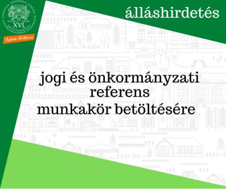 A kreatívon olvasható szöveg: álláshirdetés jogi és önkormányzati referens munkakör betöltésére