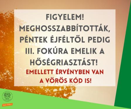 FIGYELEM!  Meghosszabbították,  péntek éjféltől pedig III. fokúra emelik a hőségriasztást! Emellett érvényben van  a vörös kód is!