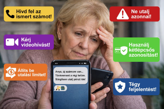 A kreatívon olvasható szövegek: Hívd fel az ismert számot! Kérj videohívást! Állíts be utalási limitet! Ne utalja azonnal! Használj kétlépcsős azonosítást! Tégy feljelentést!